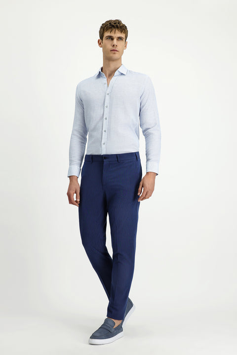 Light Navy 7 Drop Super Slim Fit Extra Narrow Cut Lycra Striped Classic Fabric Trousers