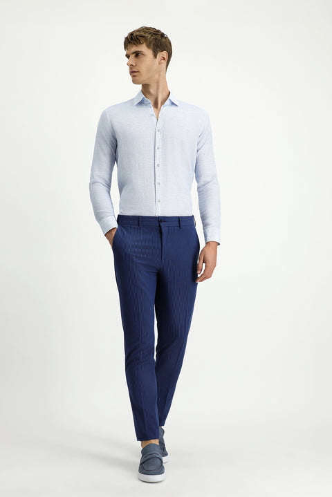 Light Navy 7 Drop Super Slim Fit Extra Narrow Cut Lycra Striped Classic Fabric Trousers