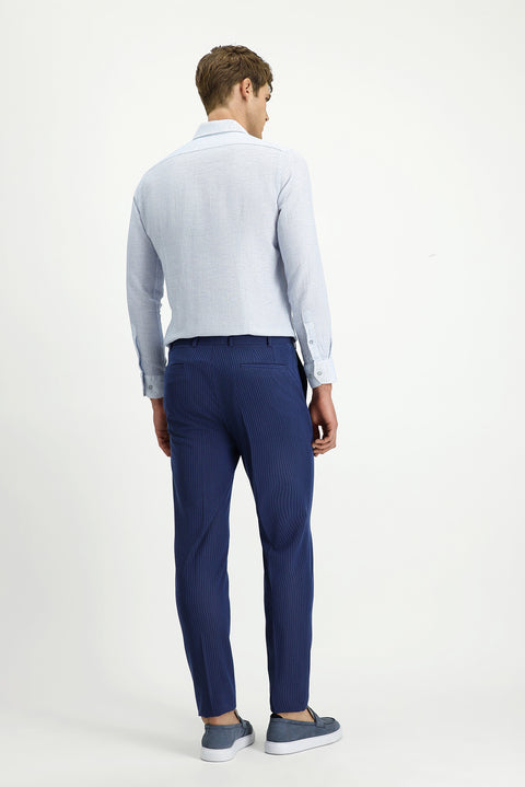 Light Navy 7 Drop Super Slim Fit Extra Narrow Cut Lycra Striped Classic Fabric Trousers