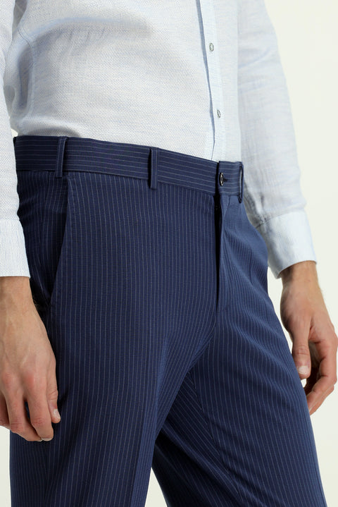 Light Navy 7 Drop Super Slim Fit Extra Narrow Cut Lycra Striped Classic Fabric Trousers