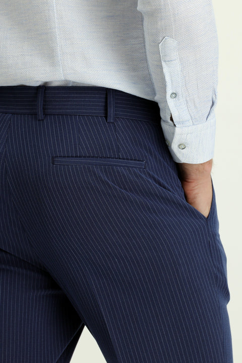 Light Navy 7 Drop Super Slim Fit Extra Narrow Cut Lycra Striped Classic Fabric Trousers
