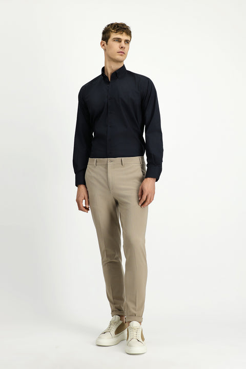 Light Mink 7 Drop Super Slim Fit Extra Narrow Cut Lycra Striped Classic Fabric Trousers