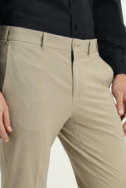 Light Mink 7 Drop Super Slim Fit Extra Narrow Cut Lycra Striped Classic Fabric Trousers