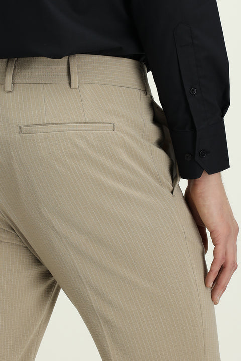 Light Mink 7 Drop Super Slim Fit Extra Narrow Cut Lycra Striped Classic Fabric Trousers