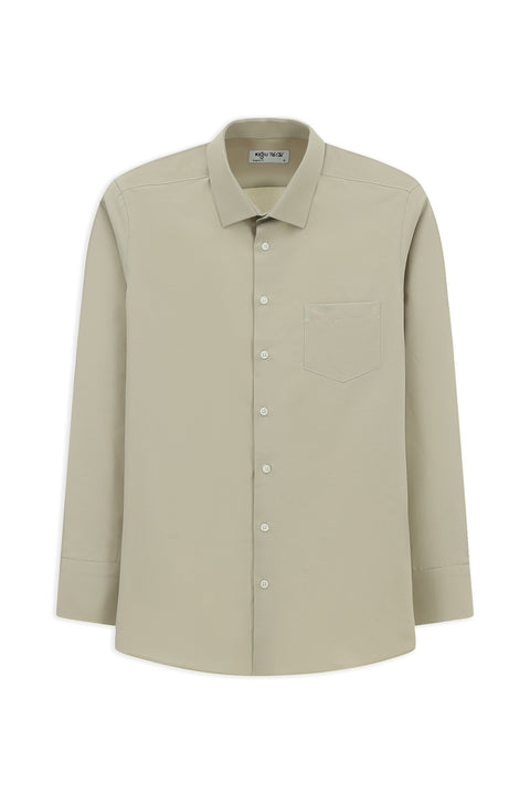 Medium Beige Long Sleeve Regular Fit Classic Collar Pocketed Cotton Easy-Iron Shirt