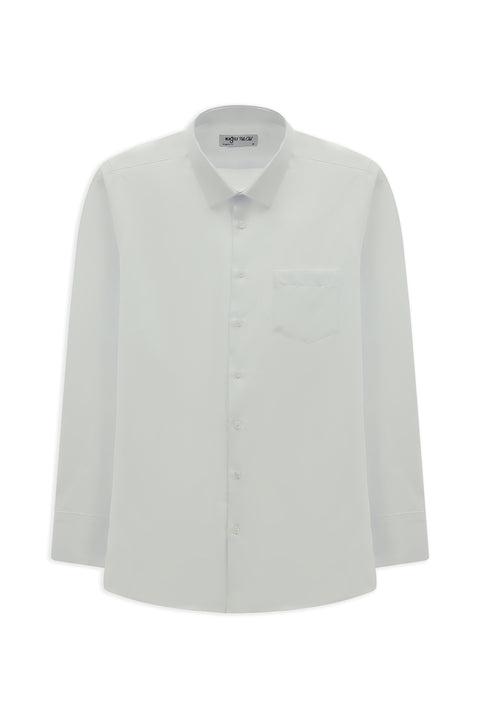 White Long Sleeve Regular Fit Classic Collar Pocketed Cotton Shirt, Easy Iron