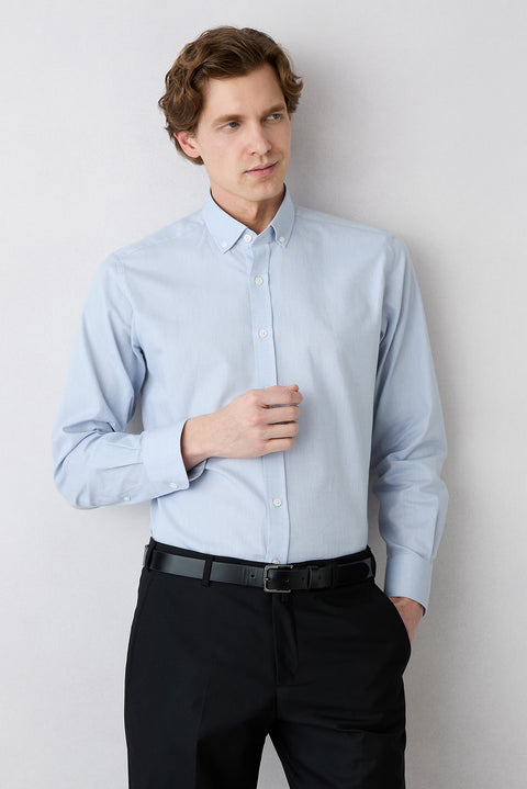 Mid Gray Long Sleeve Regular Fit Button-Down Collar Cotton Oxford 4-Season Shirt