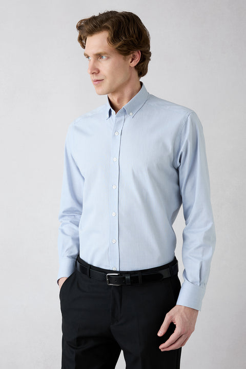 Mid Gray Long Sleeve Regular Fit Button-Down Collar Cotton Oxford 4-Season Shirt