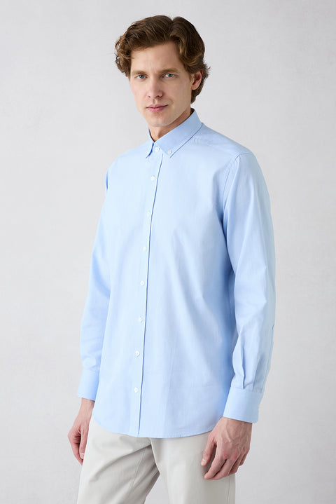 Light Blue Long Sleeve Regular Fit Button-Down Collar Cotton Oxford Four Seasons Shirt