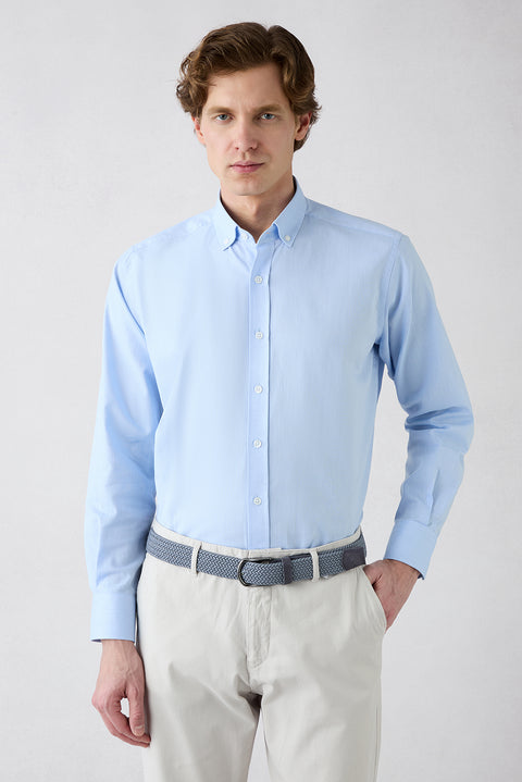 Light Blue Long Sleeve Regular Fit Button-Down Collar Cotton Oxford Four Seasons Shirt