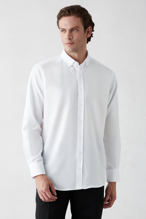 White Long Sleeve Regular Fit Button-Down Collar Cotton Oxford Four Seasons Shirt