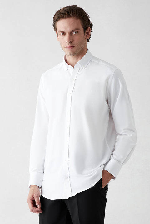 White Long Sleeve Regular Fit Button-Down Collar Cotton Oxford Four Seasons Shirt