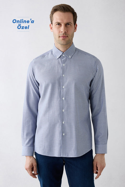 Dark Navy Blue Long Sleeve Regular Fit Striped Button-Down Collar Cotton Easy Iron Shirt