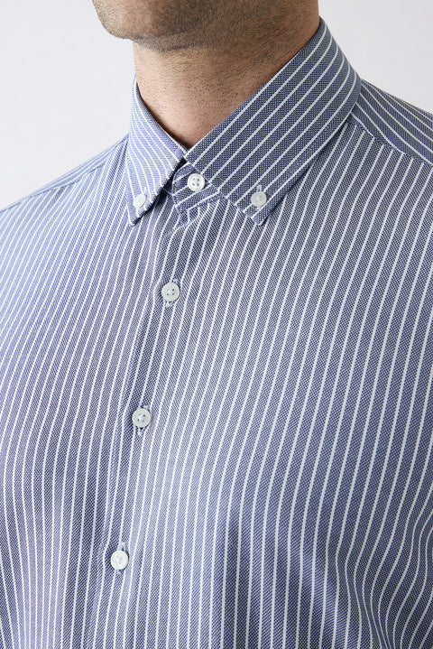 Dark Navy Blue Long Sleeve Regular Fit Striped Button-Down Collar Cotton Easy Iron Shirt