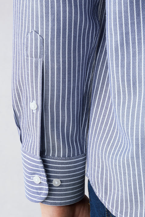 Dark Navy Blue Long Sleeve Regular Fit Striped Button-Down Collar Cotton Easy Iron Shirt
