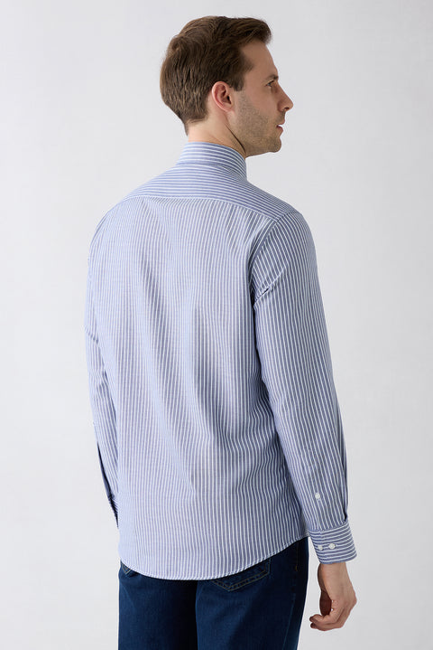 Dark Navy Blue Long Sleeve Regular Fit Striped Button-Down Collar Cotton Easy Iron Shirt