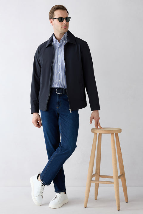 Dark Navy Blue Long Sleeve Regular Fit Striped Button-Down Collar Cotton Easy Iron Shirt