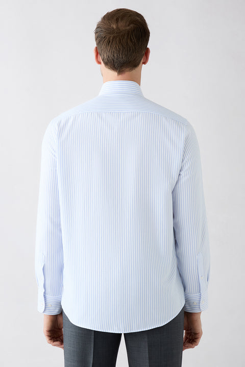 Light Blue Long Sleeve Regular Fit Striped Button-Down Collar Cotton Easy-Iron Shirt
