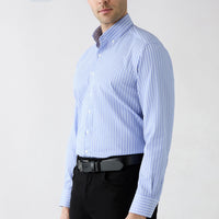 Dark Blue Long Sleeve Regular Fit Striped Button-Down Collar Easy Iron Cotton Shirt