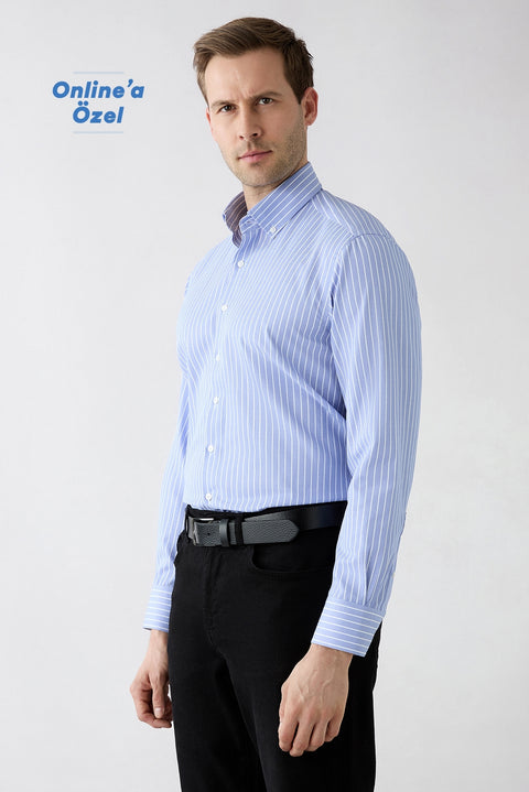 Dark Blue Long Sleeve Regular Fit Striped Button-Down Collar Easy Iron Cotton Shirt