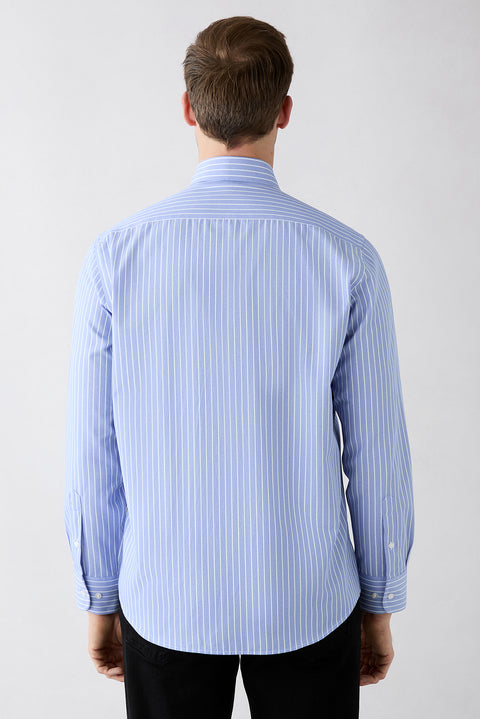 Dark Blue Long Sleeve Regular Fit Striped Button-Down Collar Easy Iron Cotton Shirt