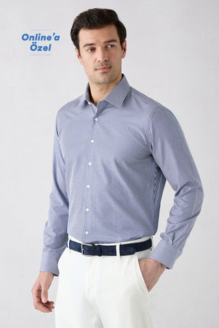  Koyu Lacivert Uzun Kol Slim Fit Çizgili Klasik Yaka Pamuklu Kolay Ütülenebilir Gömlek