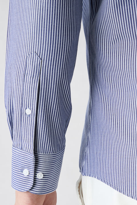Koyu Lacivert Uzun Kol Slim Fit Çizgili Klasik Yaka Pamuklu Kolay Ütülenebilir Gömlek