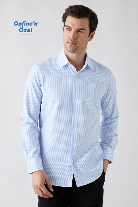 Uçuk Mavi Uzun Kol Slim Fit Çizgili Klasik Yaka Pamuklu Kolay Ütülenebilir Gömlek