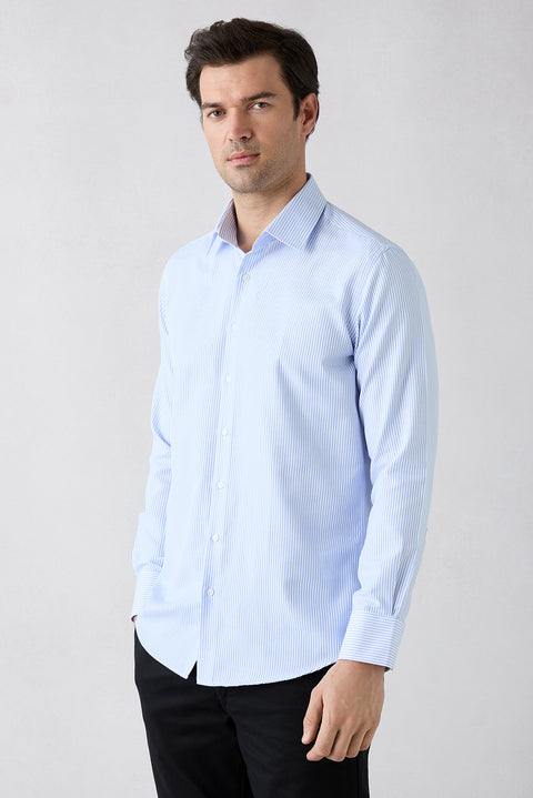 Uçuk Mavi Uzun Kol Slim Fit Çizgili Klasik Yaka Pamuklu Kolay Ütülenebilir Gömlek