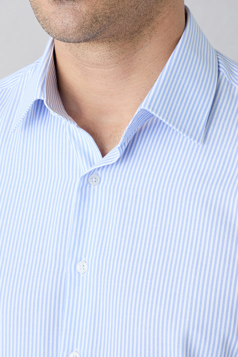 Uçuk Mavi Uzun Kol Slim Fit Çizgili Klasik Yaka Pamuklu Kolay Ütülenebilir Gömlek
