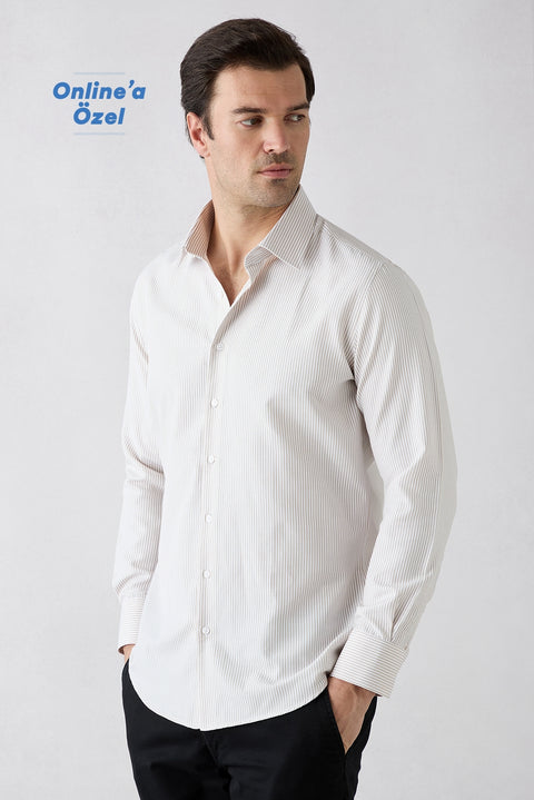 Orta Bej Uzun Kol Slim Fit Çizgili Klasik Yaka Pamuklu Kolay Ütülenebilir Gömlek
