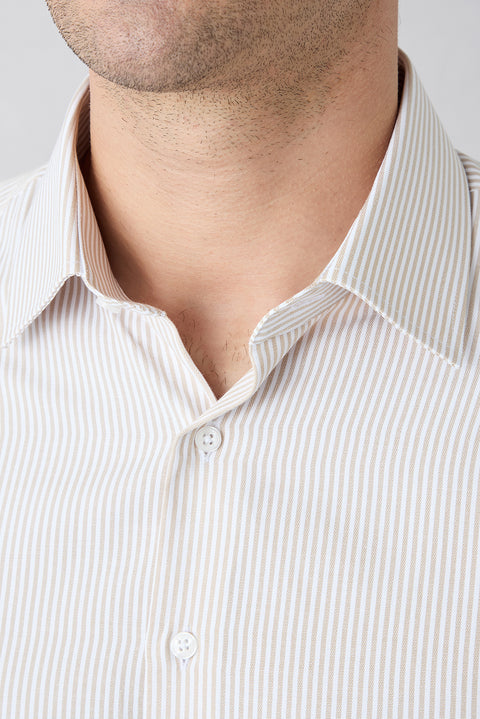 Orta Bej Uzun Kol Slim Fit Çizgili Klasik Yaka Pamuklu Kolay Ütülenebilir Gömlek