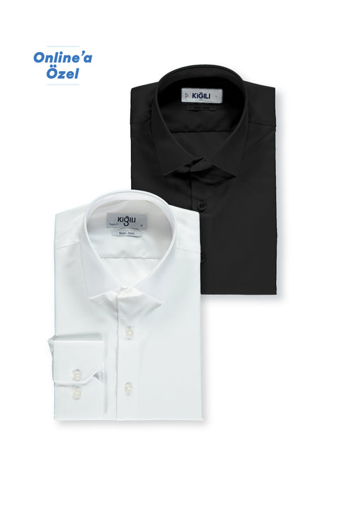 Siyah-Beyaz 2'li Uzun Kol Regular Fit Pamuklu Ütü Gerektirmeyen Pamuklu Klasik Non Iron Gömlek Seti