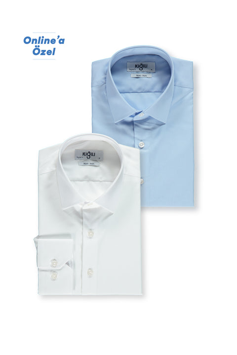 Blue-White 2-Pack Long Sleeve Regular Fit Cotton Non-Iron Classic Shirt Set