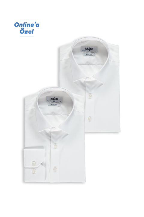 Beyaz-Beyaz 2'li Uzun Kol Regular Fit Pamuklu Ütü Gerektirmeyen Pamuklu Klasik Non Iron Gömlek Seti