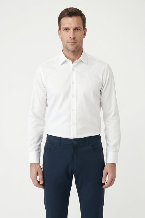 Beyaz-Beyaz 2'li Uzun Kol Regular Fit Pamuklu Ütü Gerektirmeyen Pamuklu Klasik Non Iron Gömlek Seti