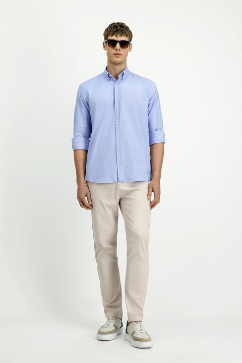 Light Blue Long Sleeve Regular Fit Oxford Button-Down Collar Cotton Shirt