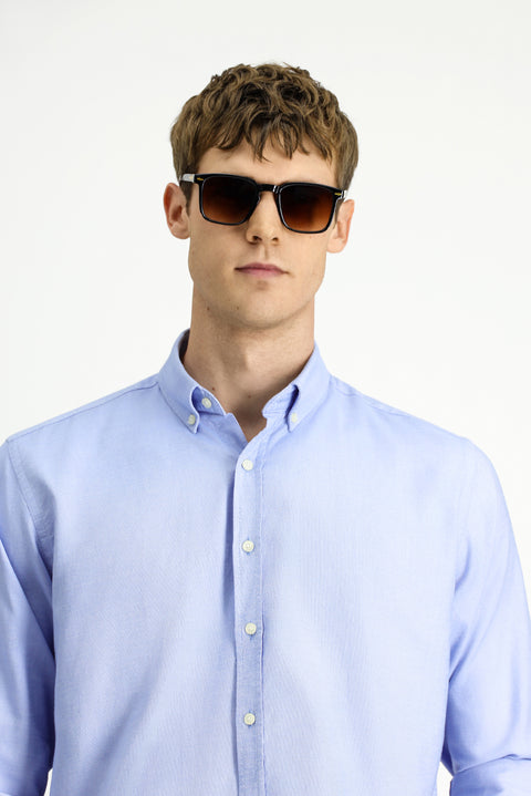 Light Blue Long Sleeve Regular Fit Oxford Button-Down Collar Cotton Shirt