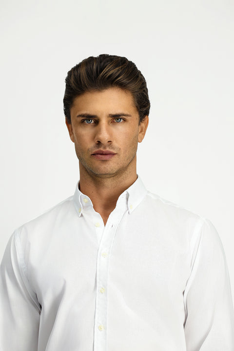 White Long Sleeve Regular Fit Button-Down Collar Cotton Shirt