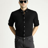 Black and Navy Blue Long Sleeve Relaxed Fit Button-Down Collar Cotton Breathable Linen-Look Shirt
