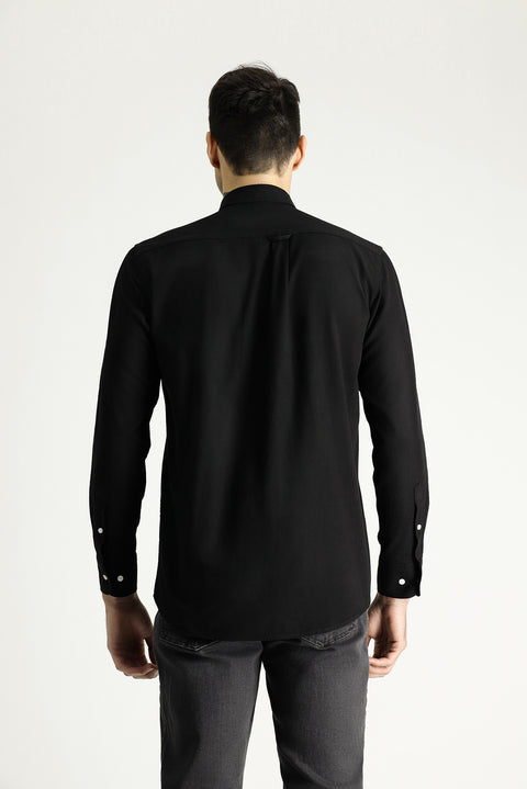 Black and Navy Blue Long Sleeve Relaxed Fit Button-Down Collar Cotton Breathable Linen-Look Shirt