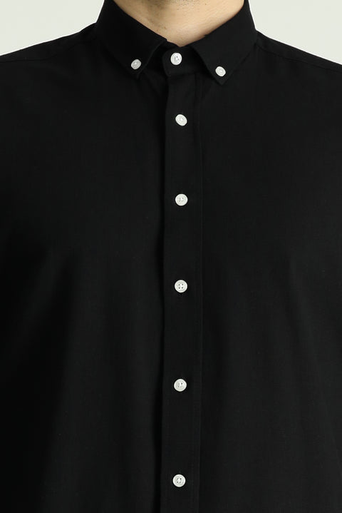 Black and Navy Blue Long Sleeve Relaxed Fit Button-Down Collar Cotton Breathable Linen-Look Shirt