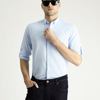 Light Blue Long Sleeve Relaxed Fit Button-Down Collar Cotton Breathable Linen-Look Shirt