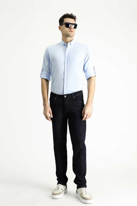 Light Blue Long Sleeve Relaxed Fit Button-Down Collar Cotton Breathable Linen-Look Shirt
