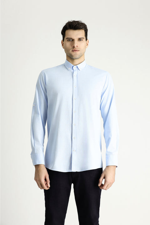 Light Blue Long Sleeve Relaxed Fit Button-Down Collar Cotton Breathable Linen-Look Shirt