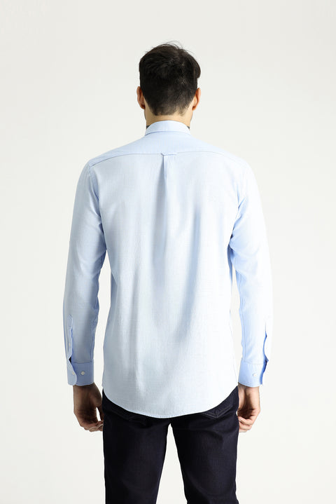 Light Blue Long Sleeve Relaxed Fit Button-Down Collar Cotton Breathable Linen-Look Shirt