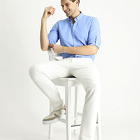 Blue Long Sleeve Relaxed Fit Button-Down Collar Cotton Breathable Linen-Look Shirt
