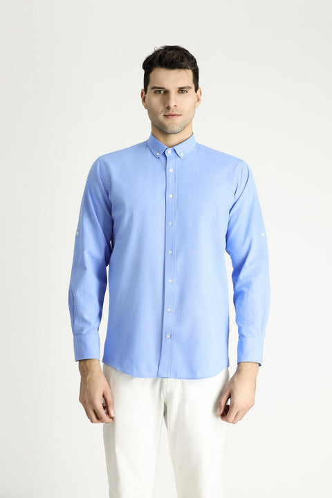 Blue Long Sleeve Relaxed Fit Button-Down Collar Cotton Breathable Linen-Look Shirt