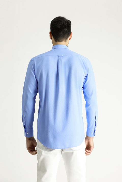 Blue Long Sleeve Relaxed Fit Button-Down Collar Cotton Breathable Linen-Look Shirt