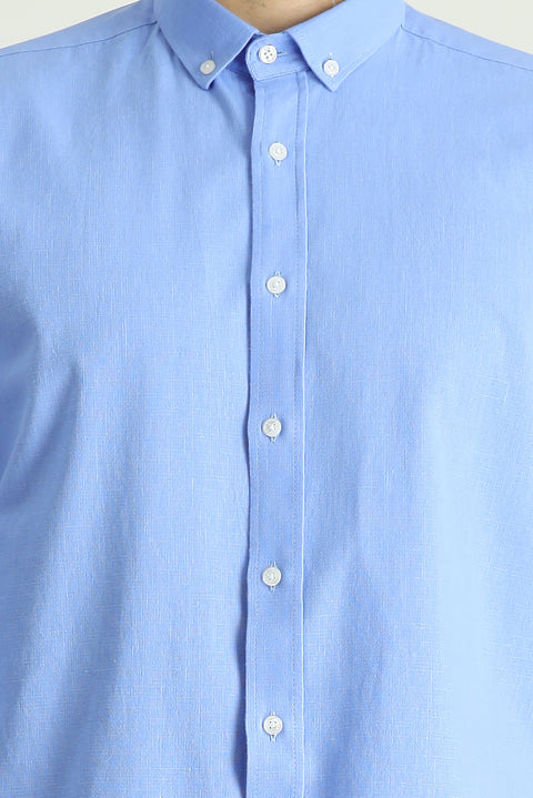 Blue Long Sleeve Relaxed Fit Button-Down Collar Cotton Breathable Linen-Look Shirt